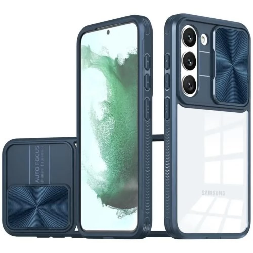 WOOZE Trendy Műanyag hátlap + szilikon keret átlátszó akril hátlap kamera védelem Samsung Galaxy S23 Ultra sötétkék