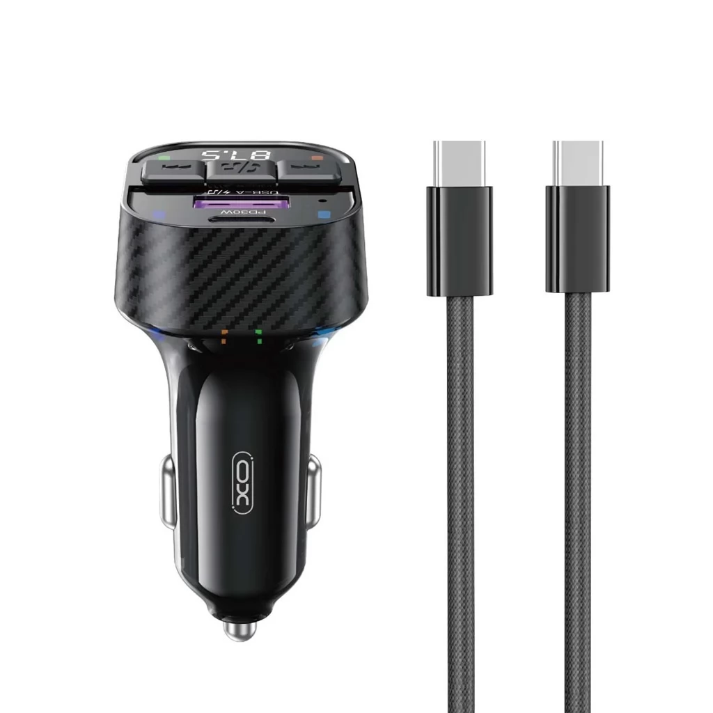 XO BCC17 FM Transzmitter Autós Töltő 30W USB-C/USB-C kábellel a csomagban