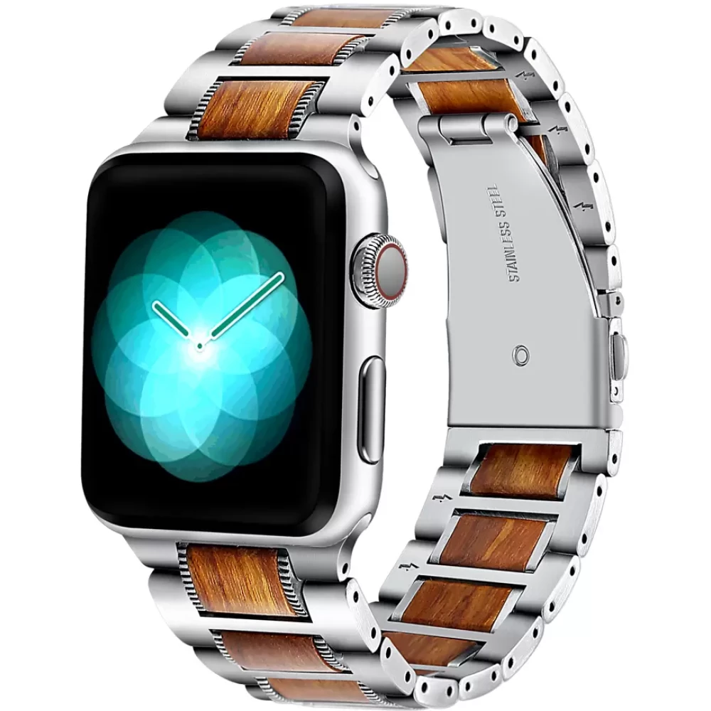 XPRO Apple Watch rozsdamentes acél fa berakással szíj Ezüst / Barna 42mm/44mm/45mm/49mm
