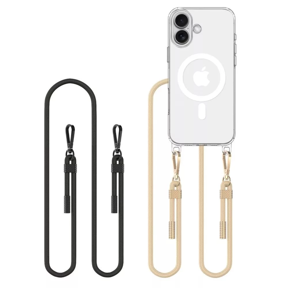 ZONE FlexAir Chain Magsafe szilikon-műanyag hátlap nyakbaakasztóval Apple iPhone 16 átlátszó (nyakpánt színe fekete és bézs)