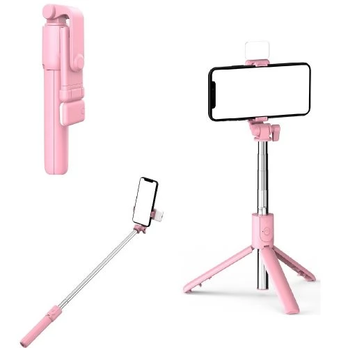 ZONE Prémium selfie bot R1S 19-70cm 360°-ban forgatható exponáló gomb/bluetooth/világítás rózsaszín