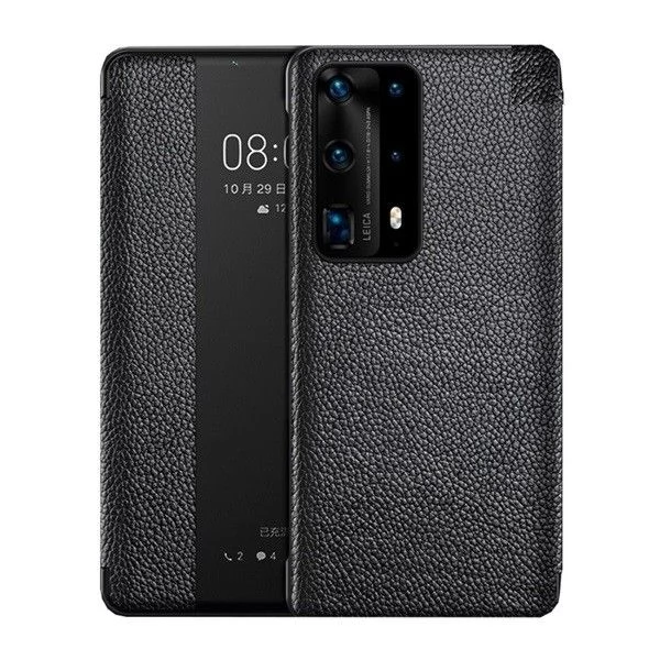 ZONE Smart View Cover érdes felületű oldalra nyíló bőrtok hívás mutatóval Huawei P40 fekete (utángyártott)